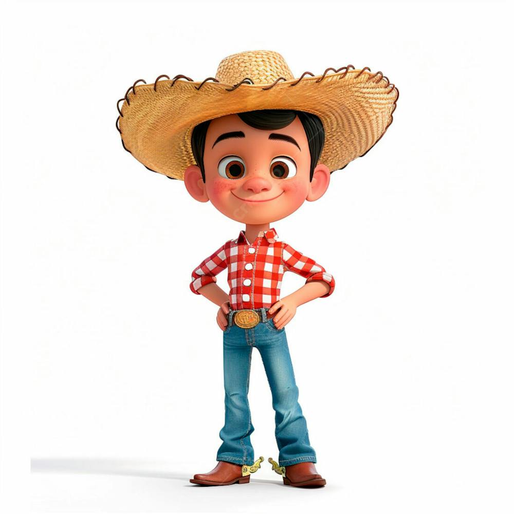 Menino Usando Camisa Xadrez E Chapéu De Palha 3D 17