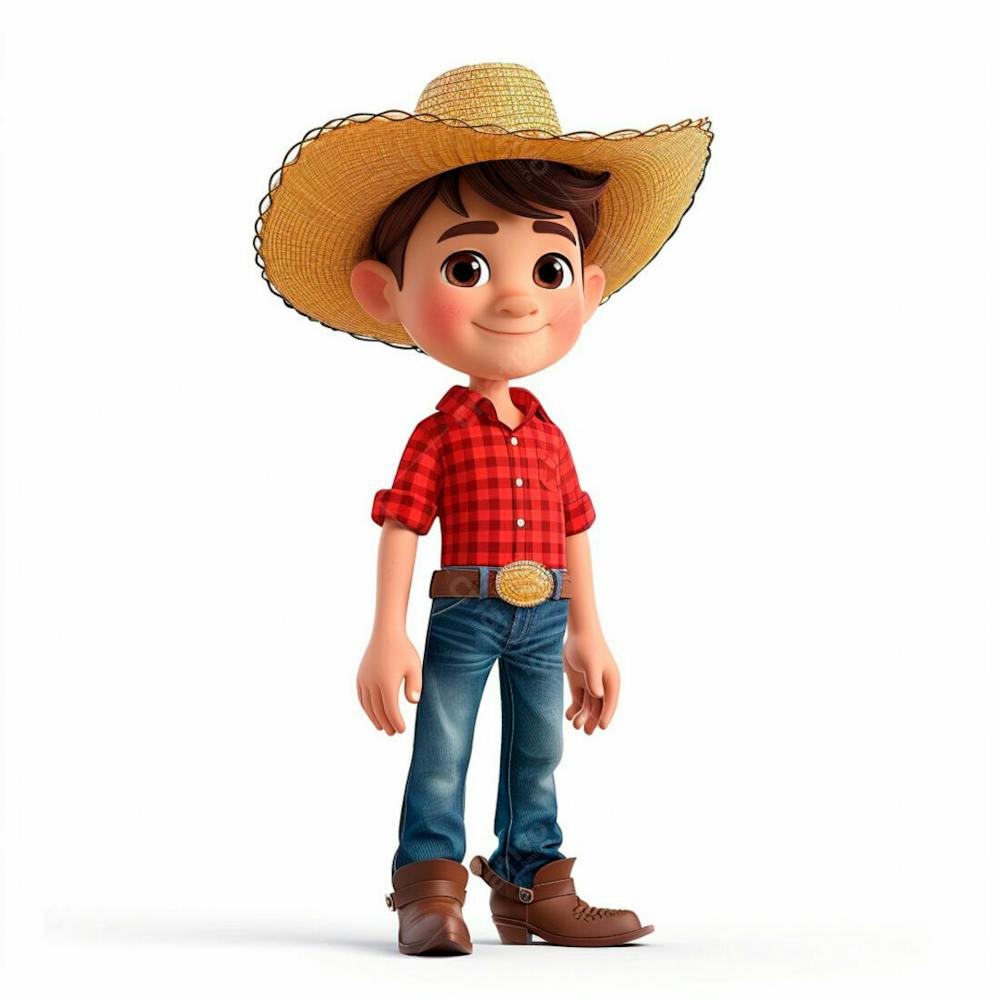 Menino Usando Camisa Xadrez E Chapéu De Palha 3D 19