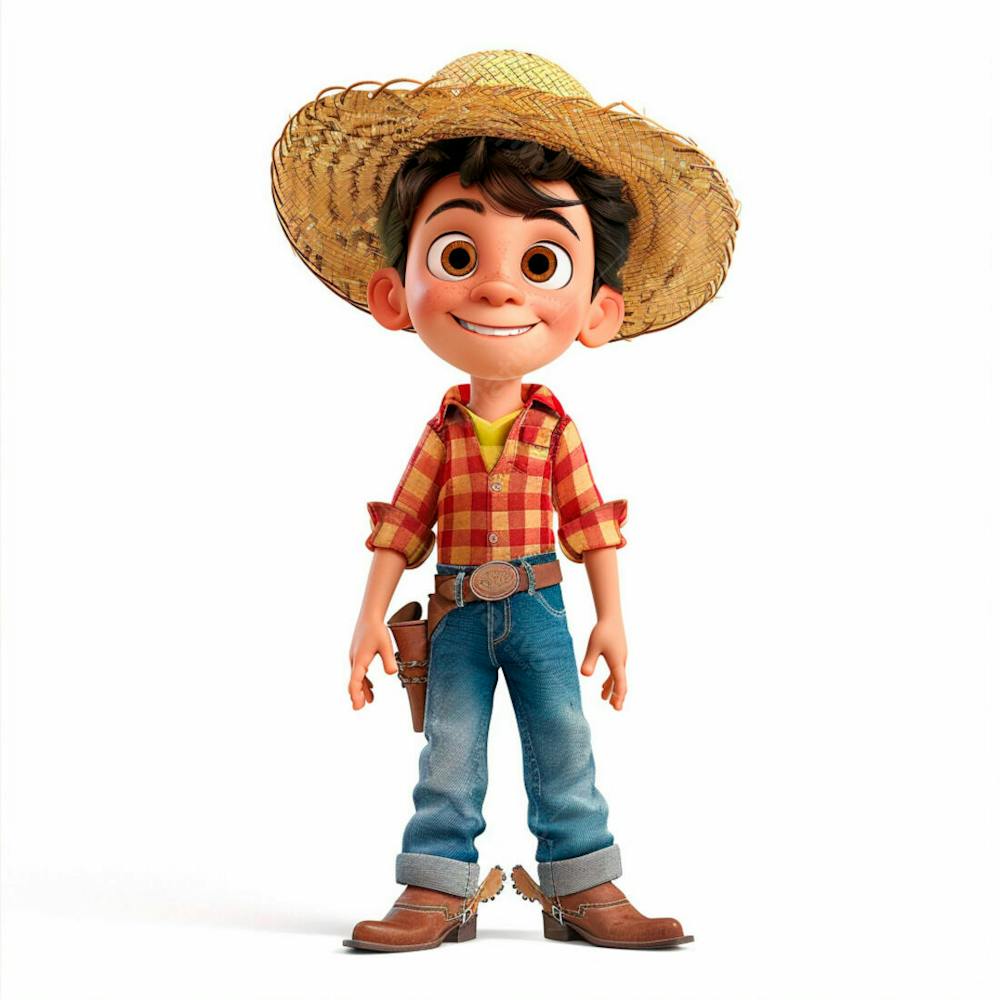 Menino Usando Camisa Xadrez E Chapéu De Palha 3D 20