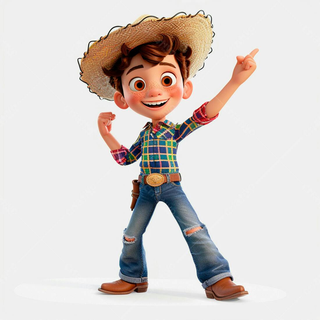 Menino alegre estilo caipira apontando