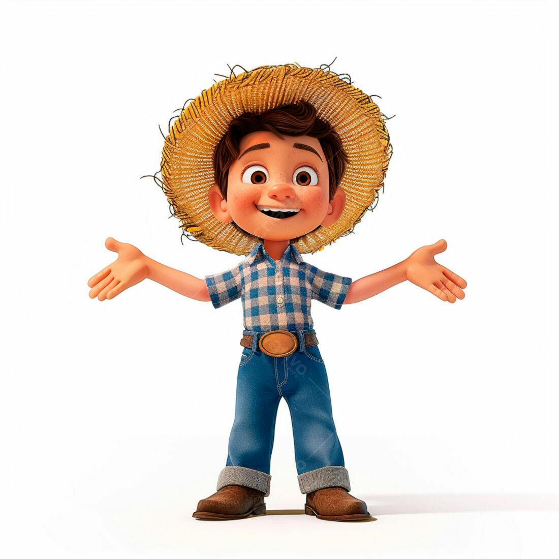 Menino sorridente com chapéu de palha e roupa de fazendeiro