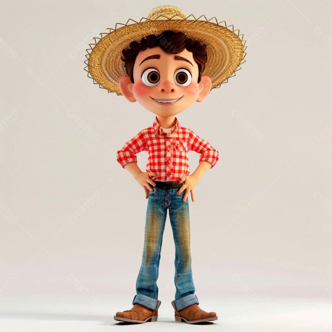 Menino sorridente chapéu de palha roupa xadrez