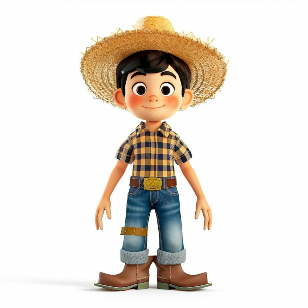 Menino Usando Camisa Xadrez E Chapéu De Palha 3D 55