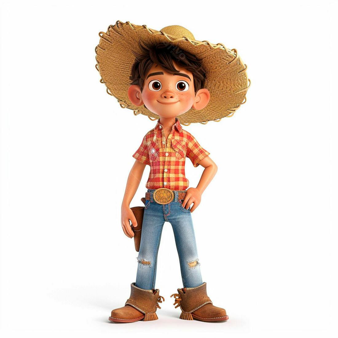 Menino sorridente usando chapéu de palha e roupa de fazendeiro