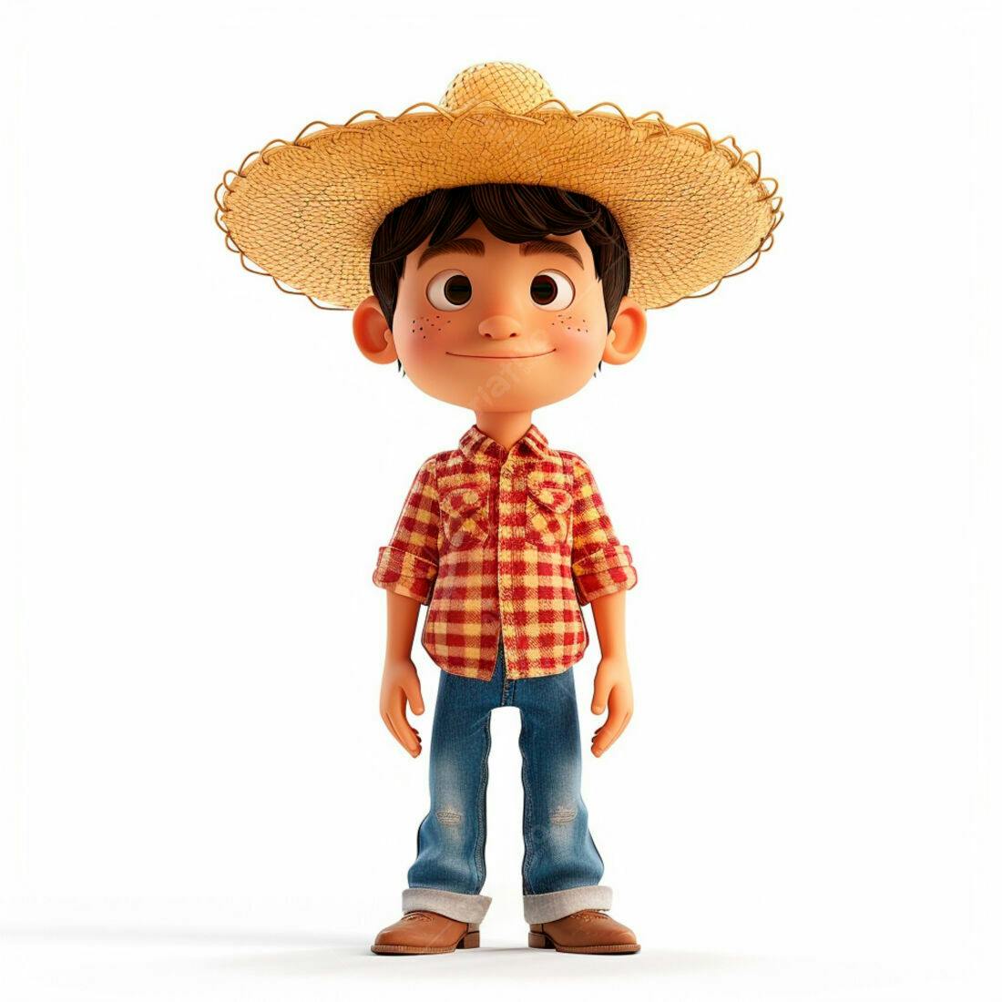 Menino desenho animado chapéu palha roupa xadrez
