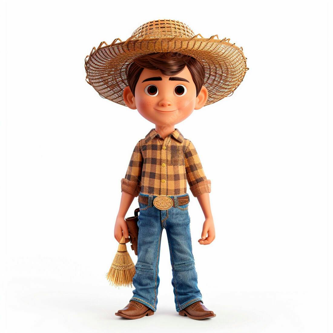 Menino agricultor com chapéu de palha e vassoura