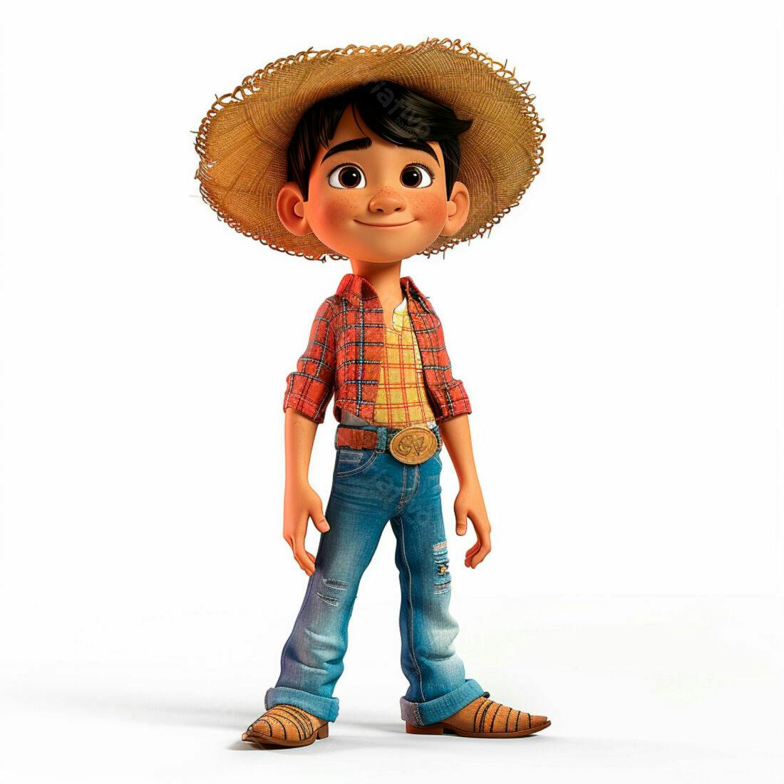 Menino desenho animado chapéu de palha roupa jeans