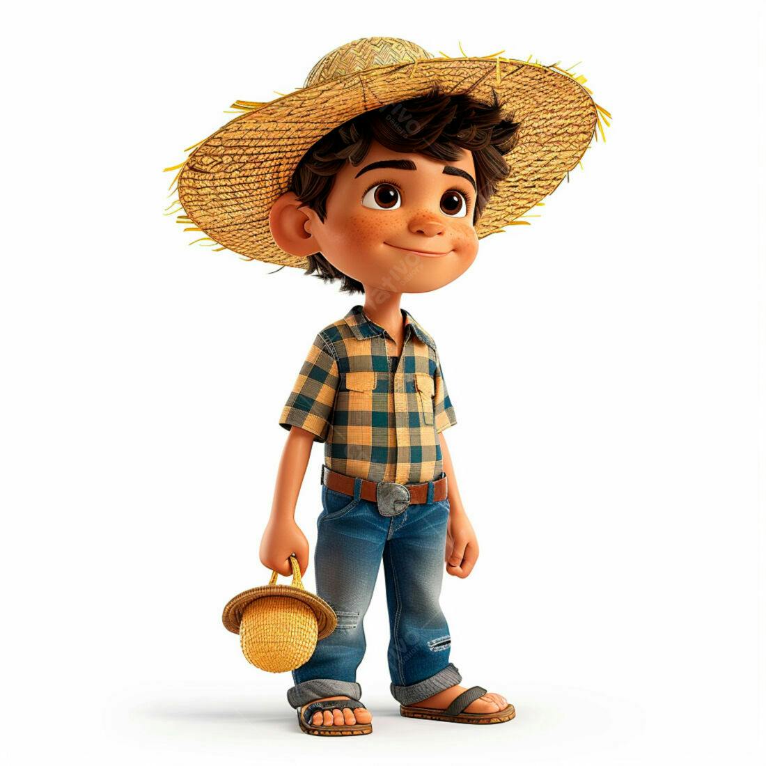 Menino sorridente usando chapéu de palha e roupa de fazendeiro