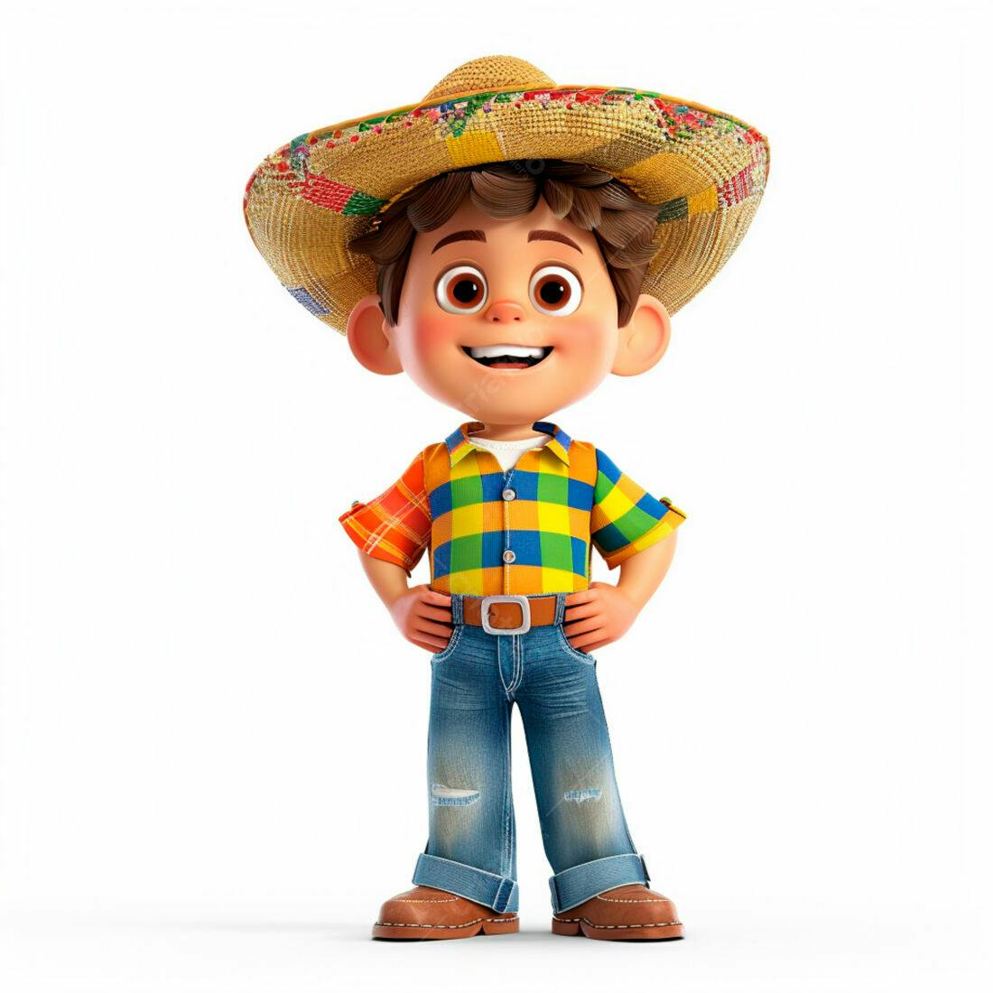 Menino sorridente com chapéu de palha e roupa colorida