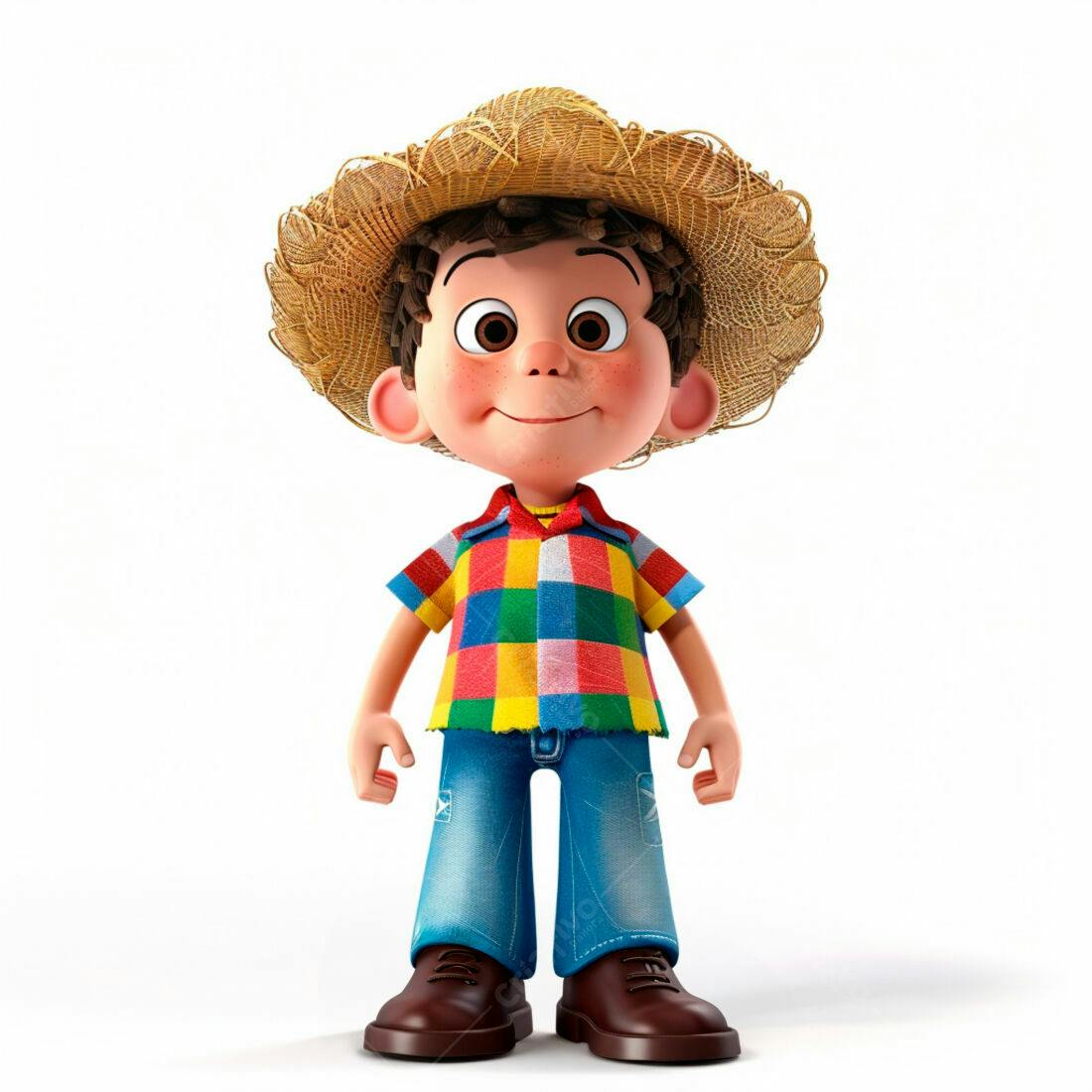 Menino sorridente com chapéu de palha e camisa colorida