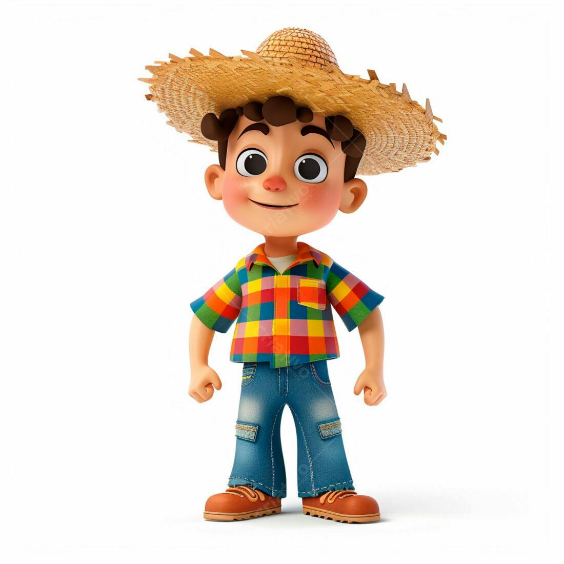 Menino alegre usando chapéu de palha e camisa xadrez