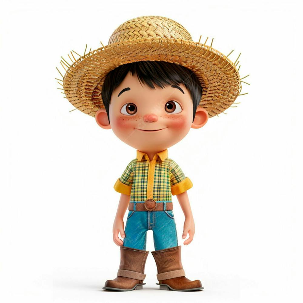 Menino Usando Camisa Xadrez E Chapéu De Palha 3D 98