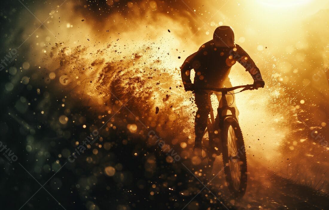 Ciclista em trilha poeirenta ao pôr do sol