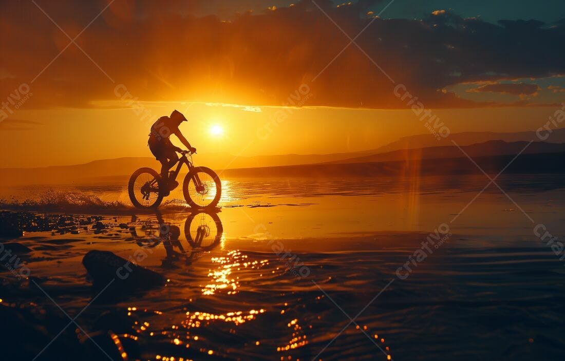 Ciclista ao pôr do sol em lago