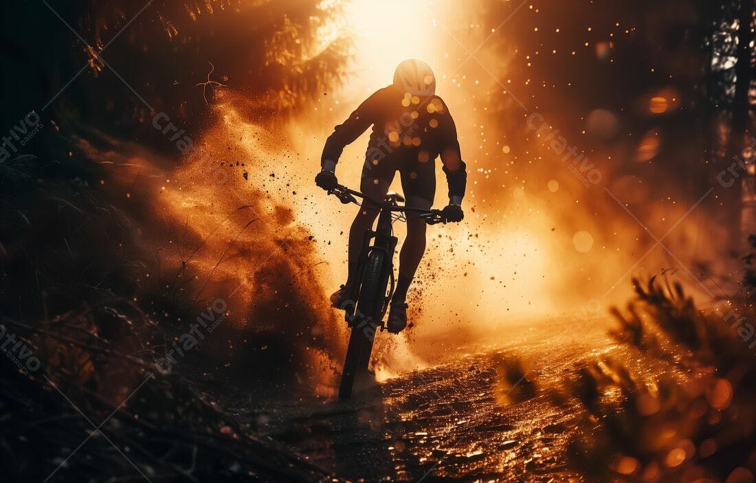 Ciclista em trilha poeirenta ao pôr do sol