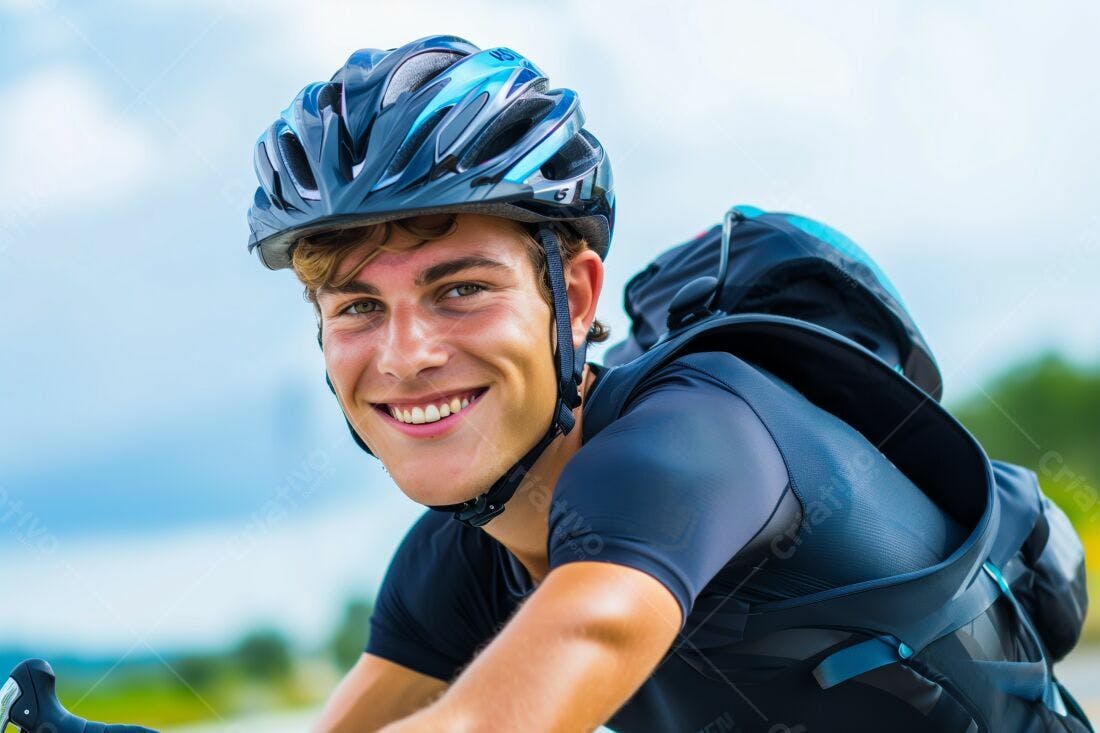 Ciclista jovem sorrindo com capacete