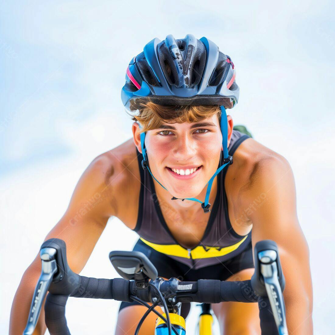 Ciclista jovem sorrindo em prova de ciclismo