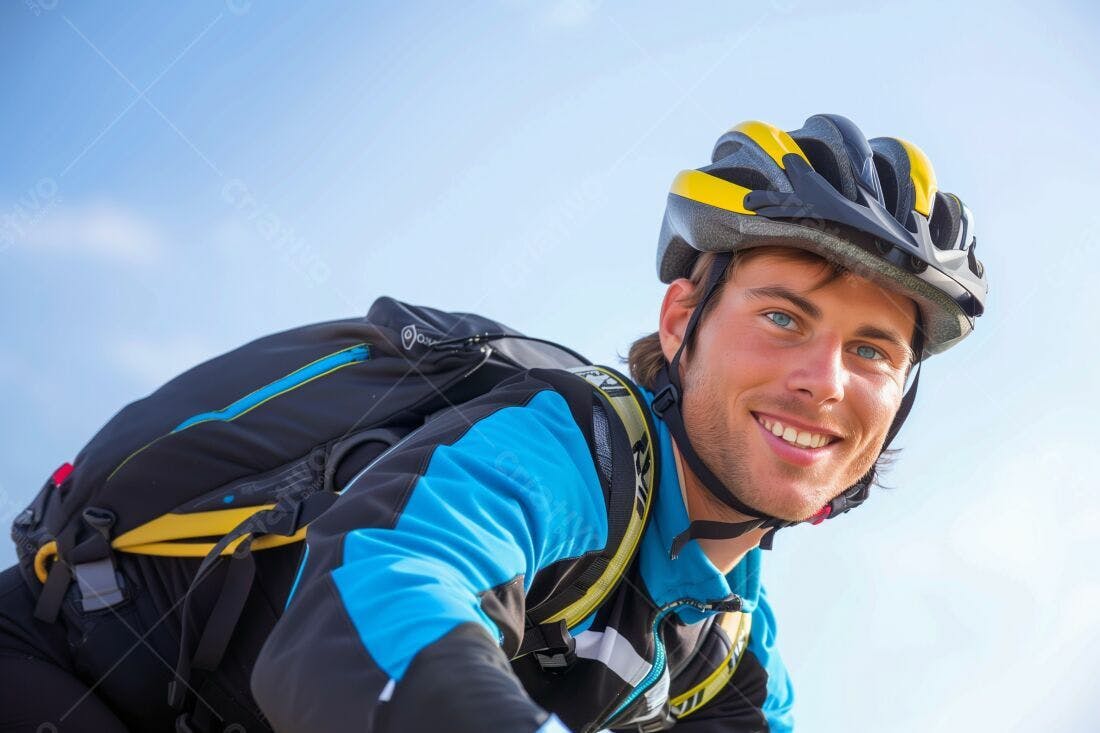 Ciclista sorrindo com mochila e capacete
