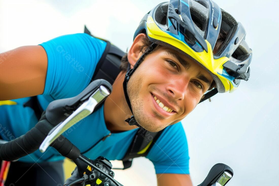 Ciclista sorridente com capacete azul e amarelo