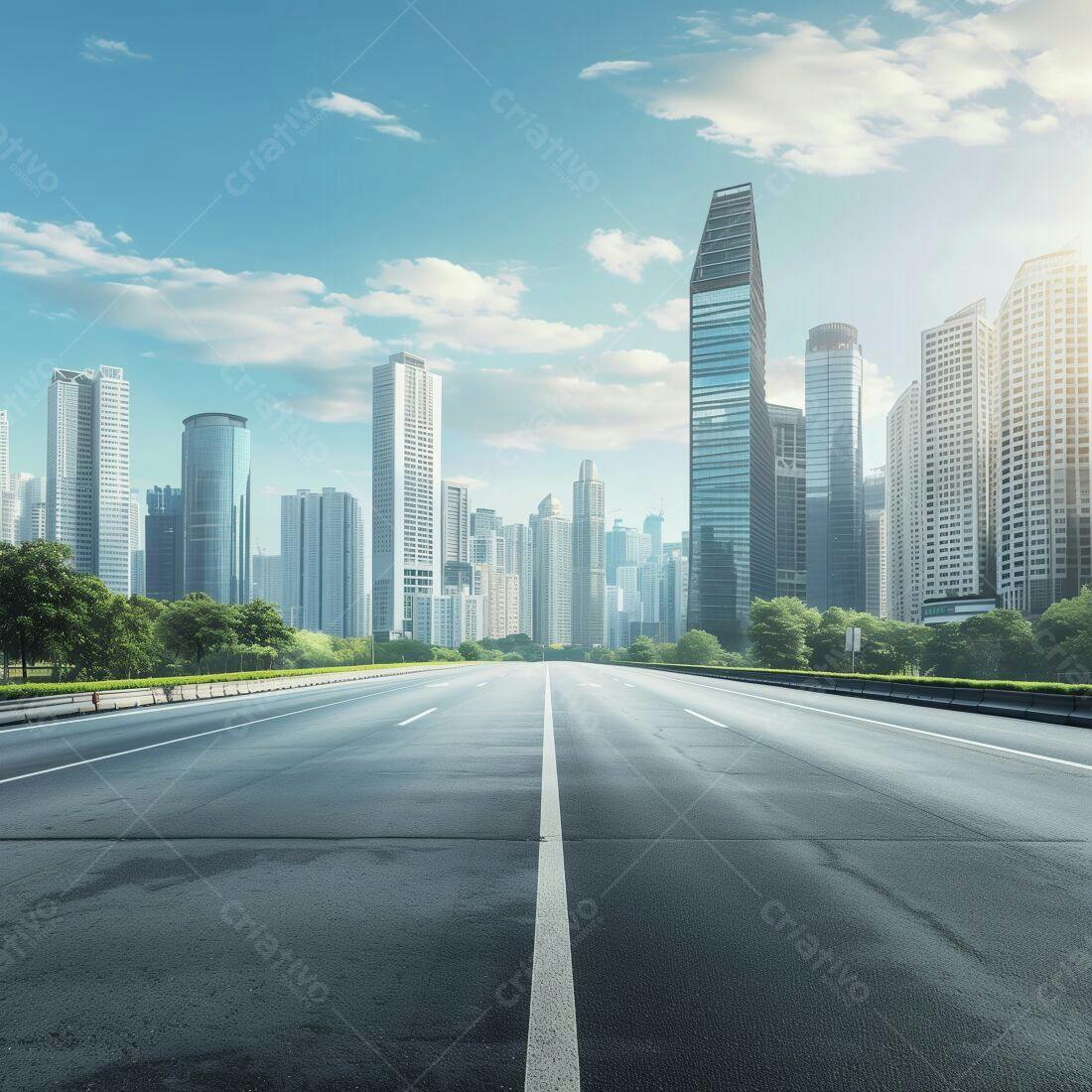Estrada larga em cidade moderna sob céu azul
