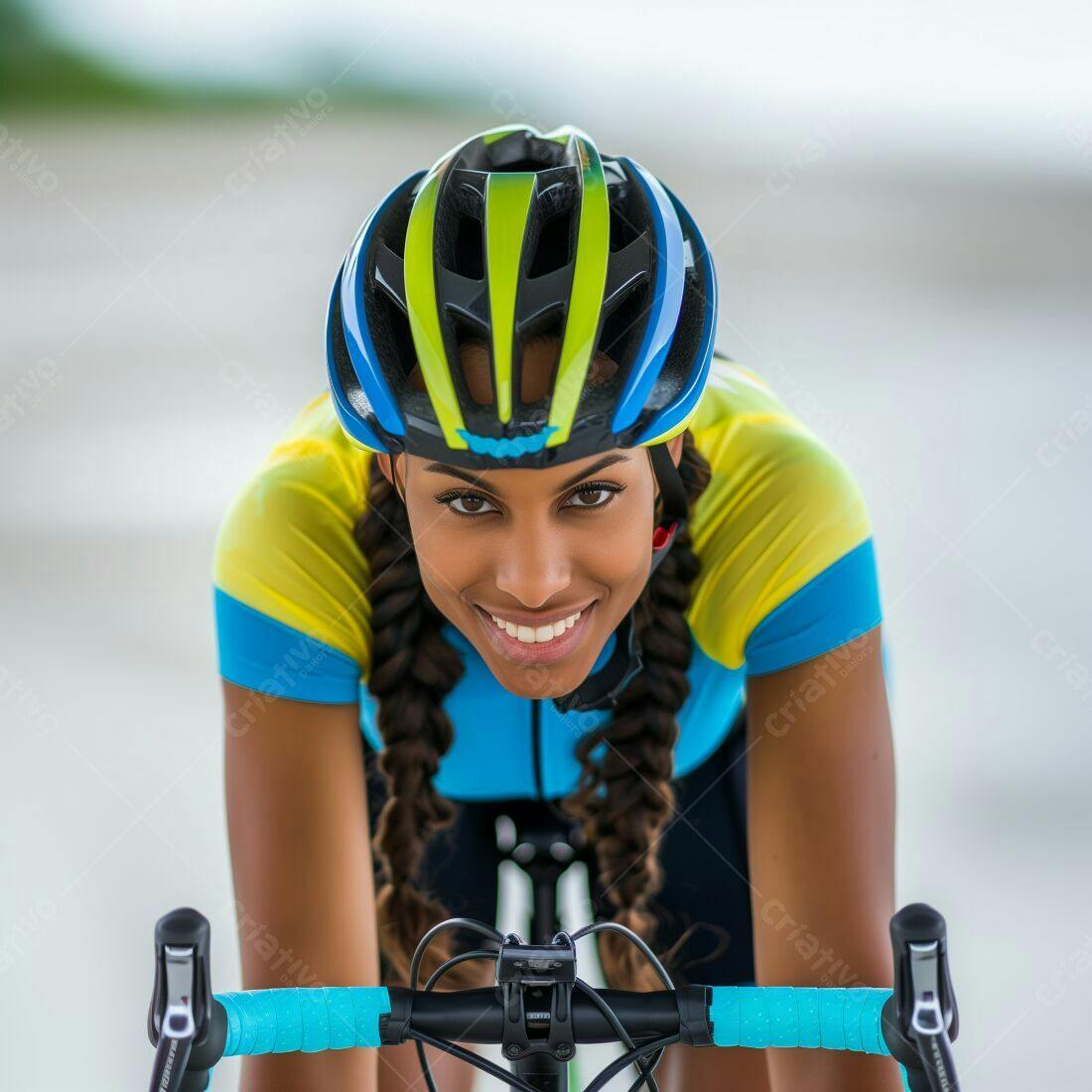 Ciclista negra sorrindo em bicicleta