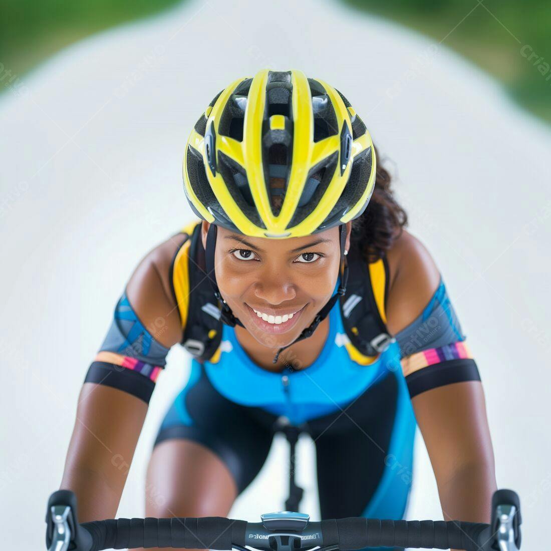 Ciclista negra sorridente em bicicleta
