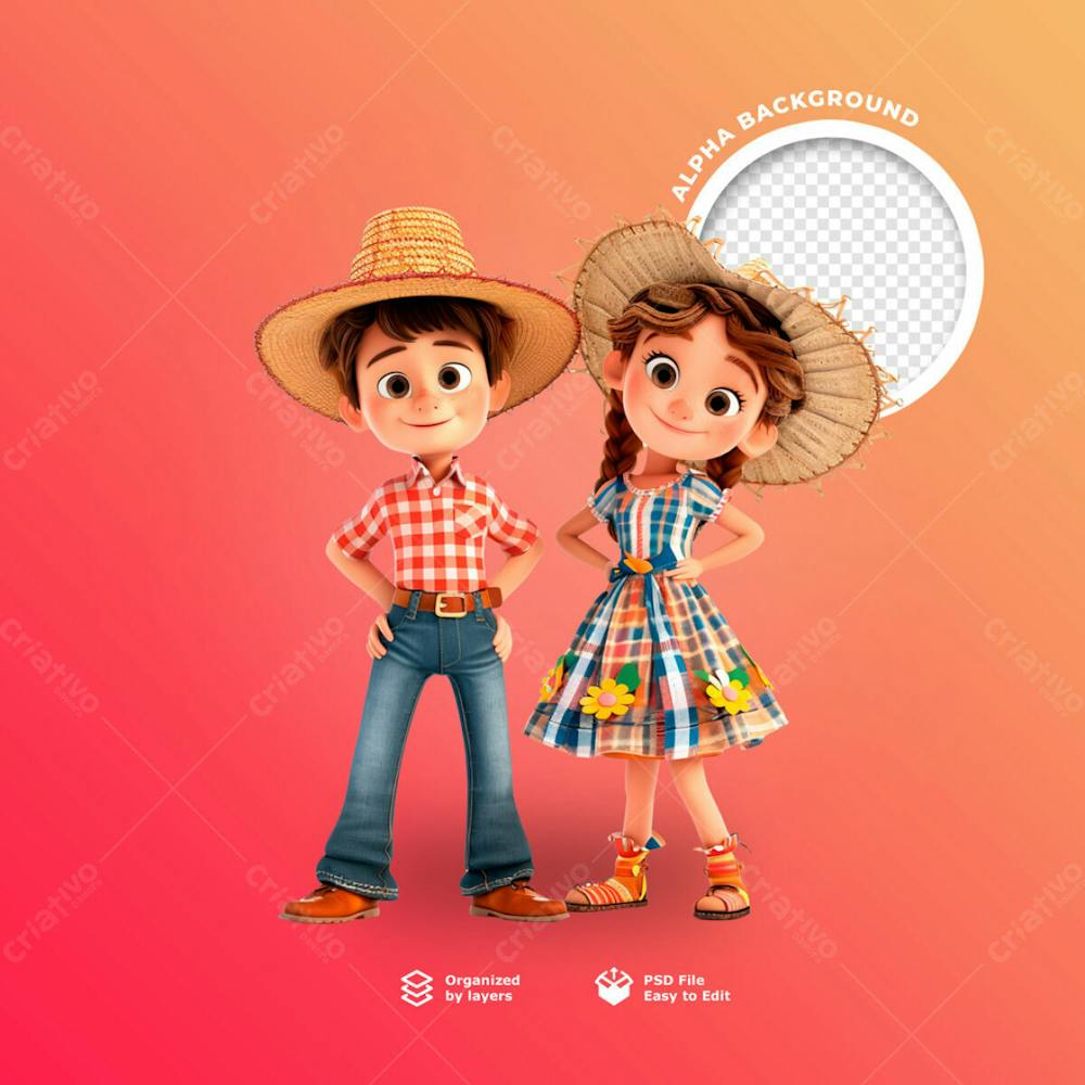 Personagens Animados Em 3D Para O Festival Junino Usando Chapéus De Palha