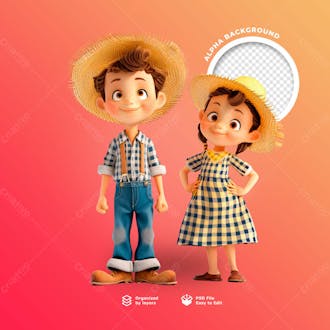 Personagens animados em 3d para o festival junino usando chapéus de palha