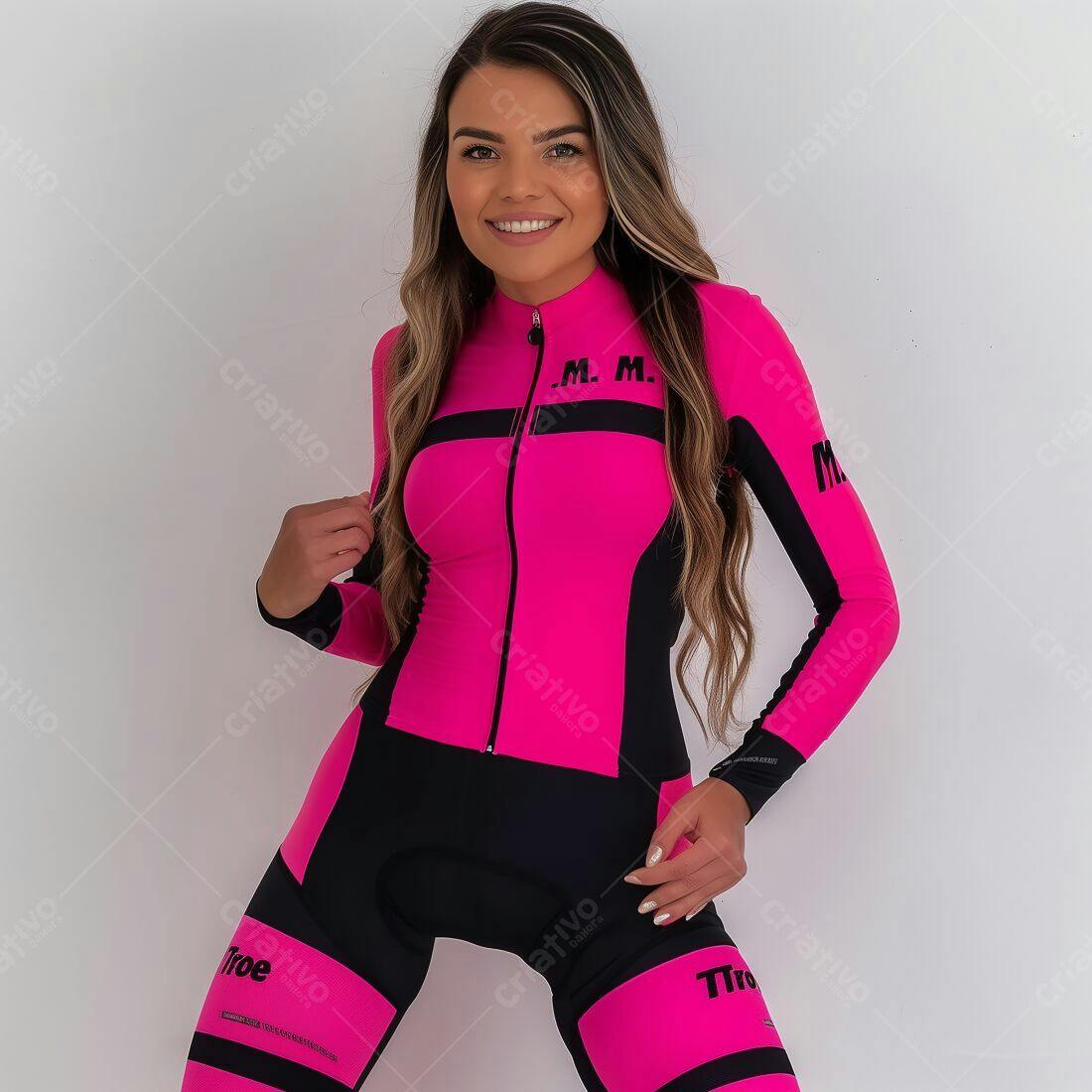 Ciclista em macacão rosa e preto