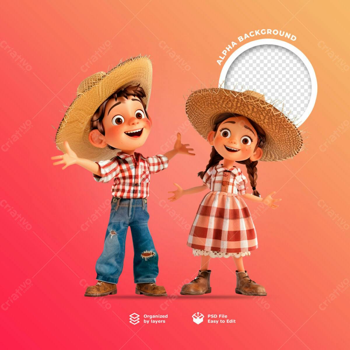 Banner Festa Junina com Personagens Cartoon PSD Editável