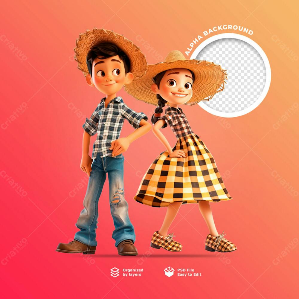 Personagens Animados Em 3D Para O Festival Junino Usando Chapéus De Palha