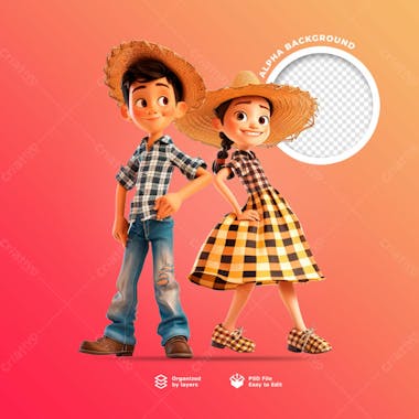 Personagens animados em 3d para o festival junino usando chapéus de palha