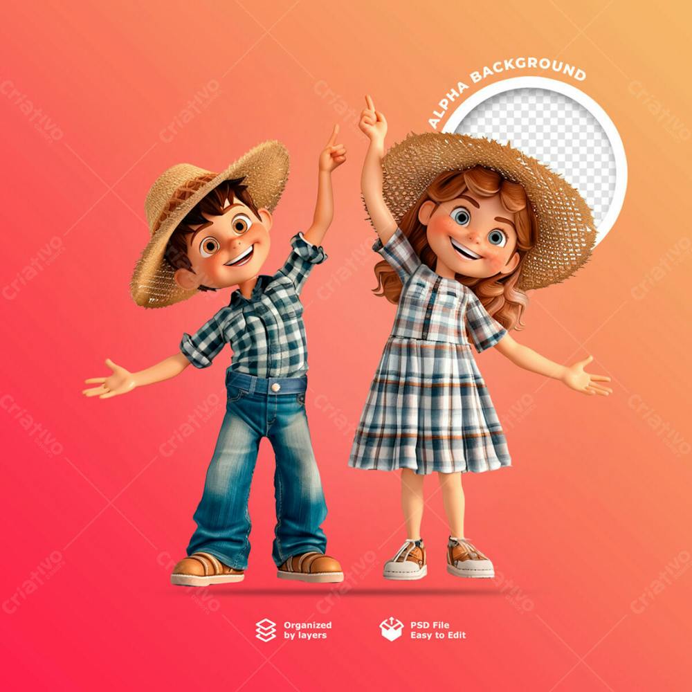 Personagens Animados Em 3D Para O Festival Junino Usando Chapéus De Palha