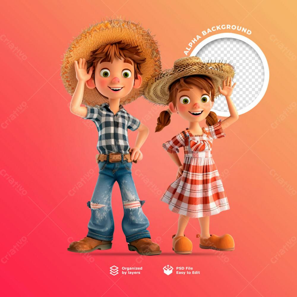 Personagens Animados Em 3D Para O Festival Junino Usando Chapéus De Palha