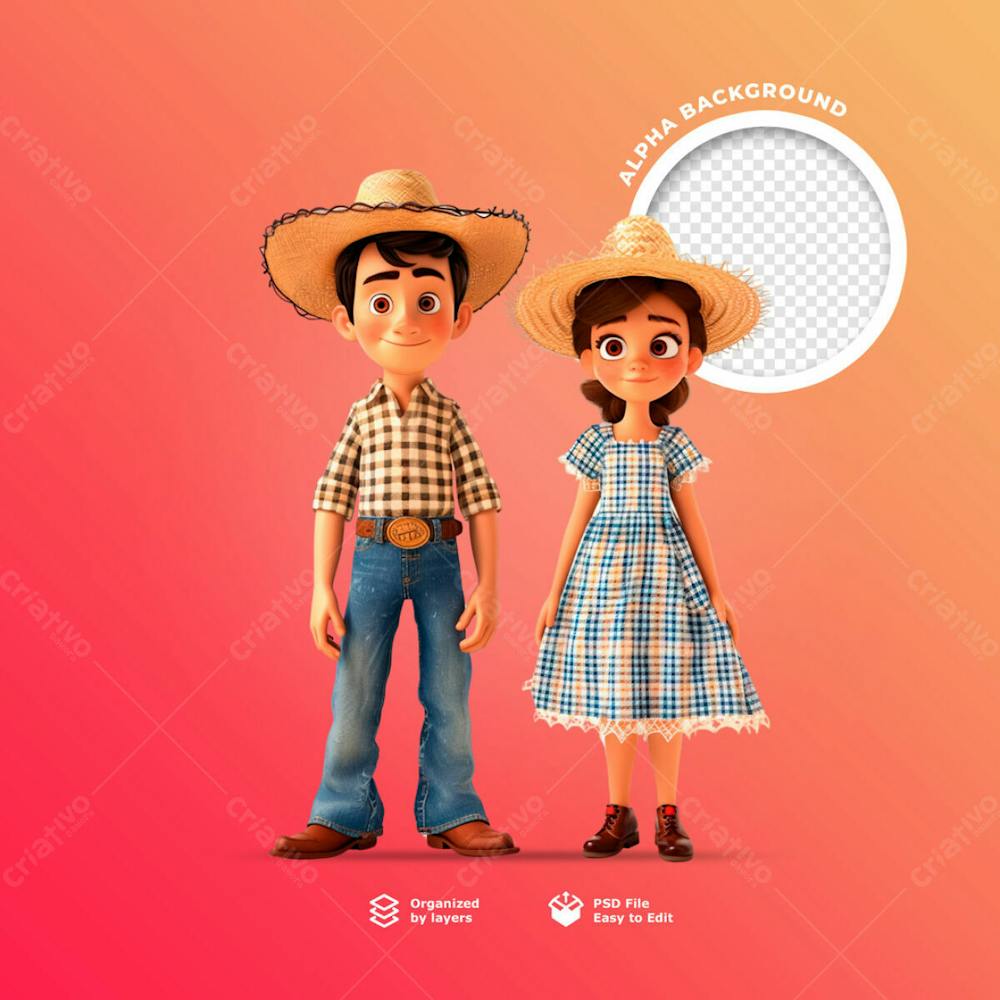 Personagens Animados Em 3D Para O Festival Junino Usando Chapéus De Palha