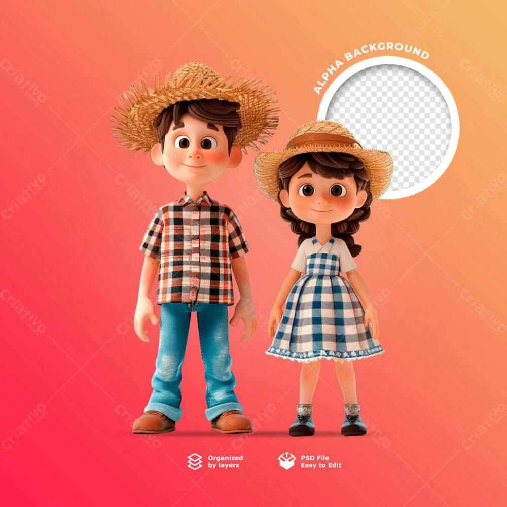 Personagens Animados Em 3D Para O Festival Junino Usando Chapéus De Palha