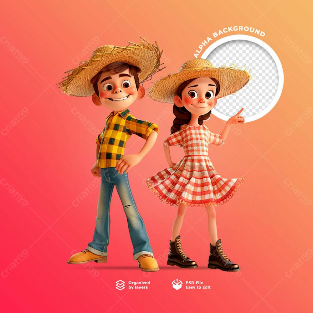 Personagens Animados Em 3D Para O Festival Junino Usando Chapéus De Palha