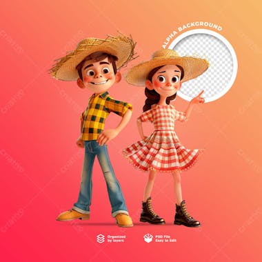 Personagens animados em 3d para o festival junino usando chapéus de palha