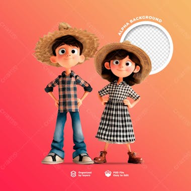 Personagens animados em 3d para o festival junino usando chapéus de palha