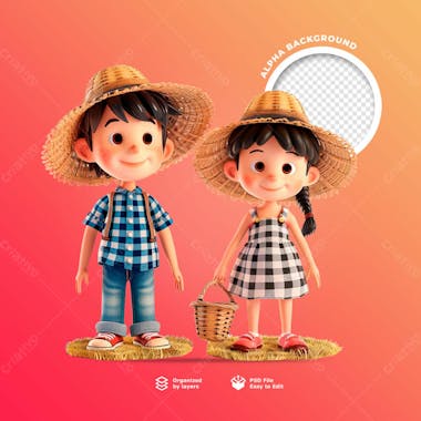 Personagens animados em 3d para o festival junino usando chapéus de palha