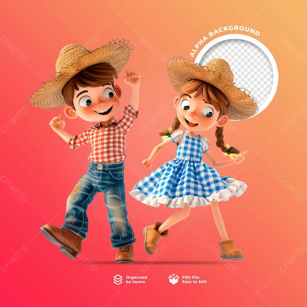 Personagens Animados Em 3D Para O Festival Junino Usando Chapéus De Palha