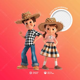 Personagens animados em 3d para o festival junino usando chapéus de palha