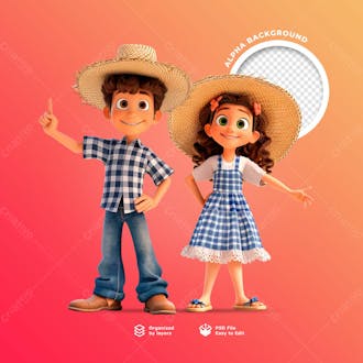 Personagens animados em 3d para o festival junino usando chapéus de palha