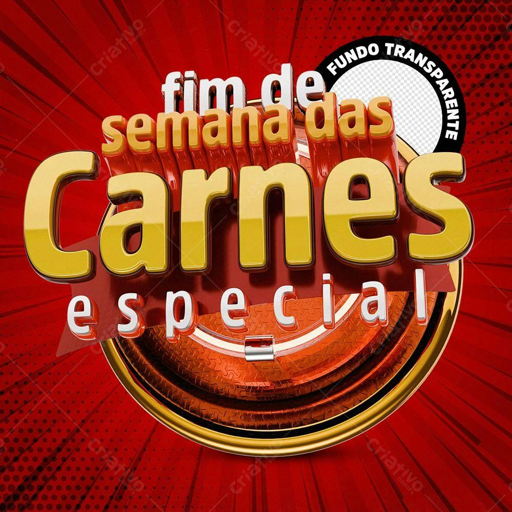 Selo 3D promocional fim de semana carnes dourado e vermelho