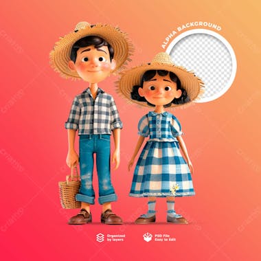 Personagens animados em 3d para o festival junino usando chapéus de palha