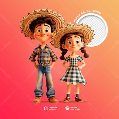 Personagens Animados Em 3D Para O Festival Junino Usando Chapéus De Palha