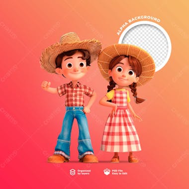 Personagens animados em 3d para o festival junino usando chapéus de palha