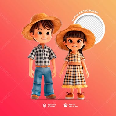 Personagens animados em 3d para o festival junino usando chapéus de palha