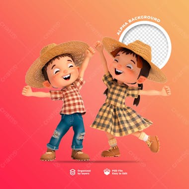 Personagens animados em 3d para o festival junino usando chapéus de palha