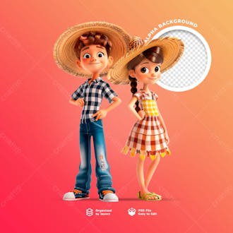 Personagens animados em 3d para o festival junino usando chapéus de palha